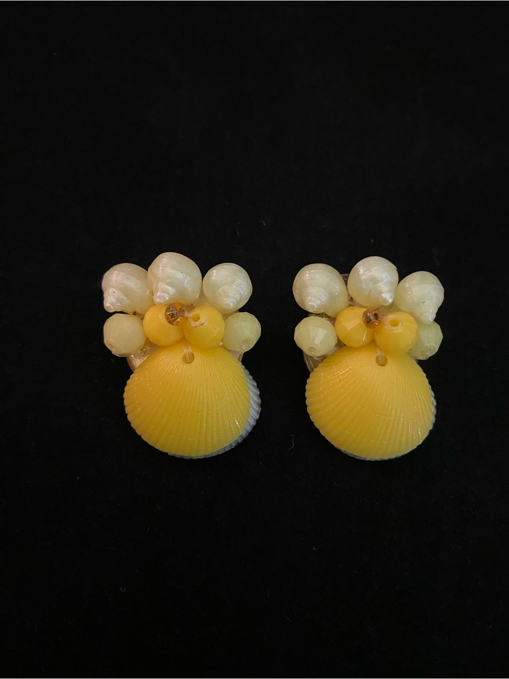 Vintage Yellow Shell and Pearl Cluster Statement Clip-on Earrings